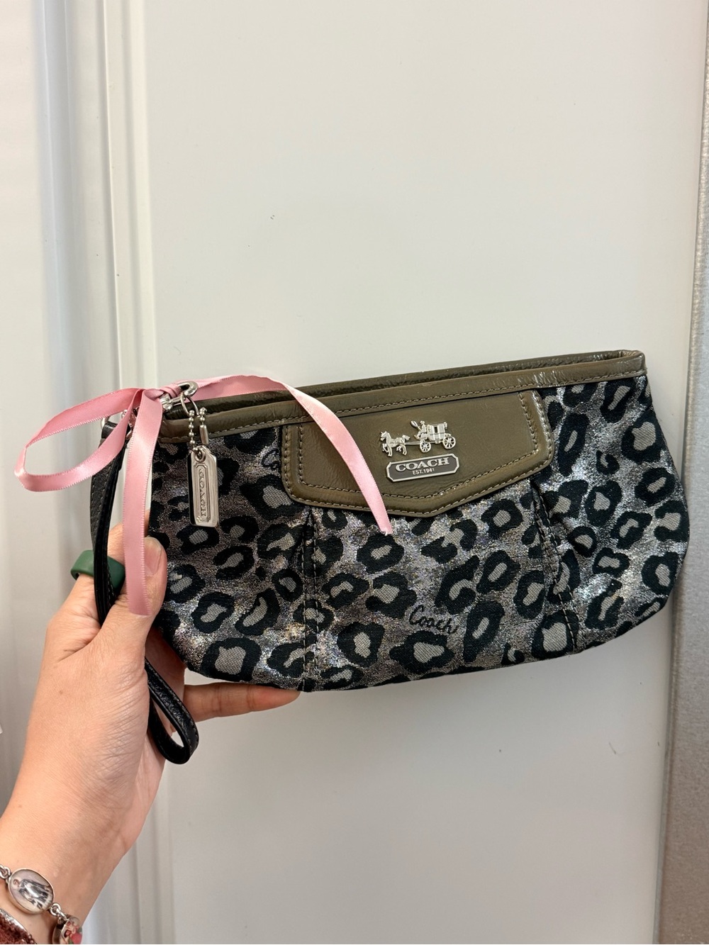 Coach Leopard Print Wristlet in Olive, Black
